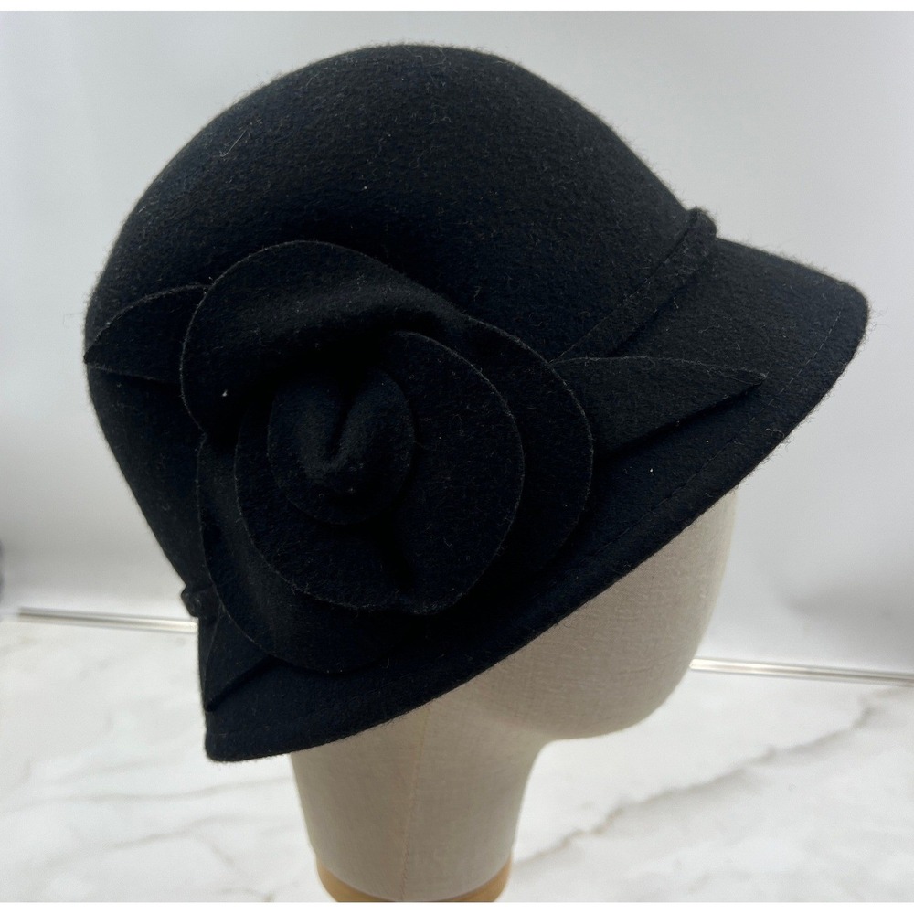 Croft & Barrow Black Wool Cloche Hat with Flower Accent Vintage Style